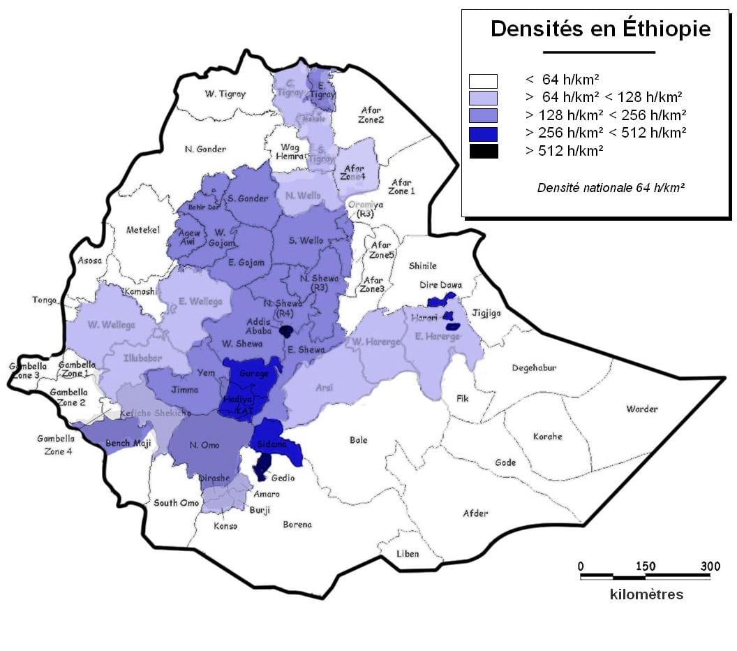 L'ethiopie carte de la densité de la population