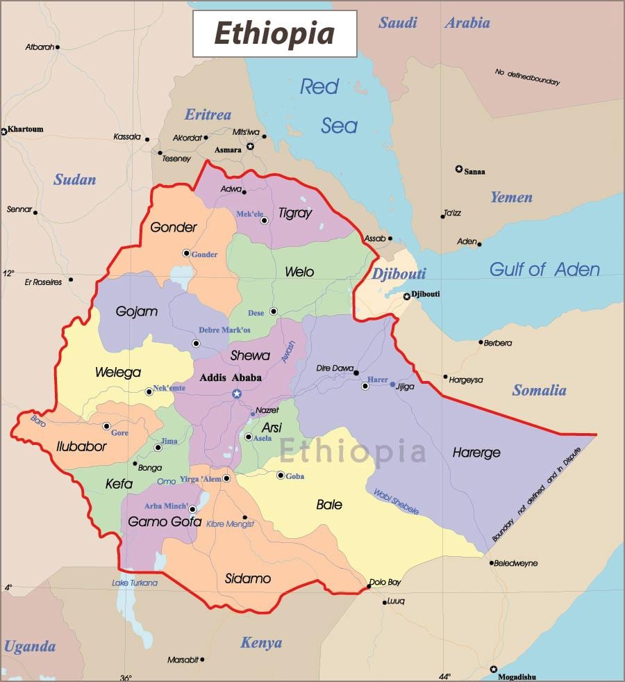 L'ethiopie carte avec les villes